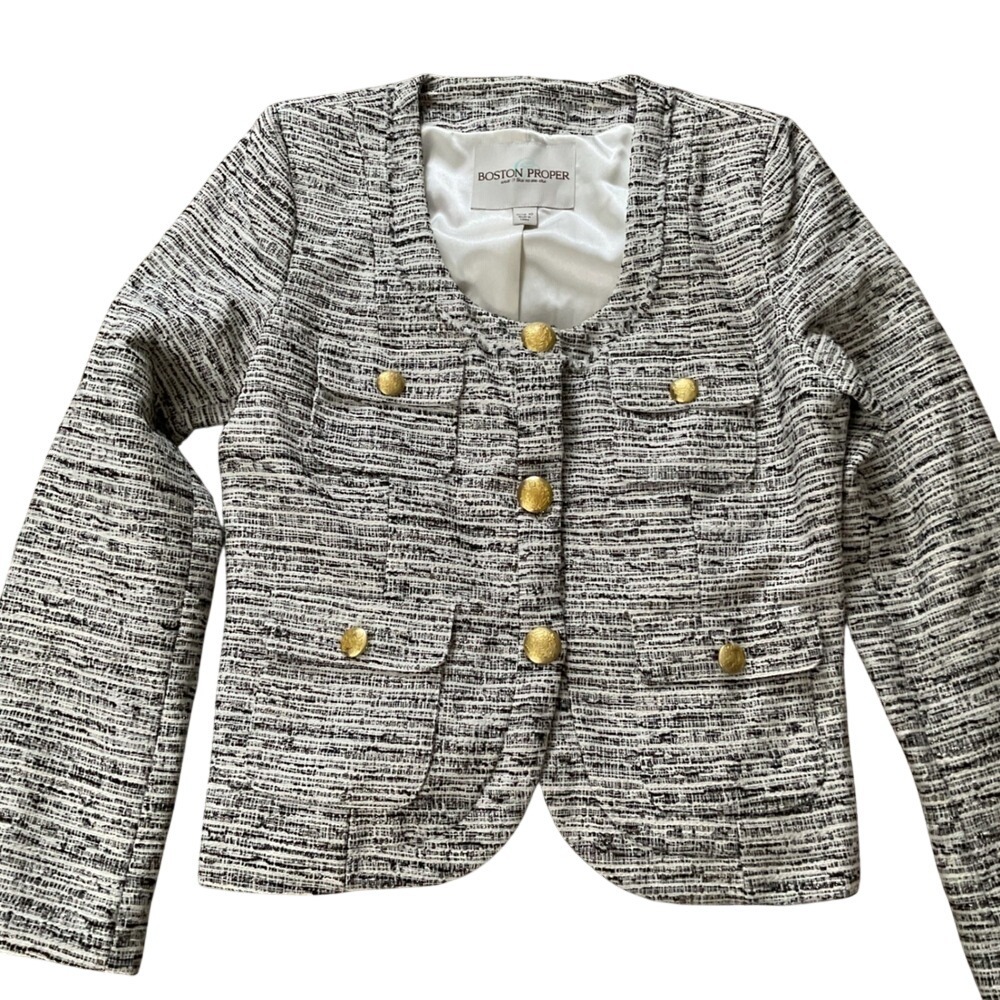 Boston Proper Women's Tweed Blazer Gold Button‎ Jacket Size 10